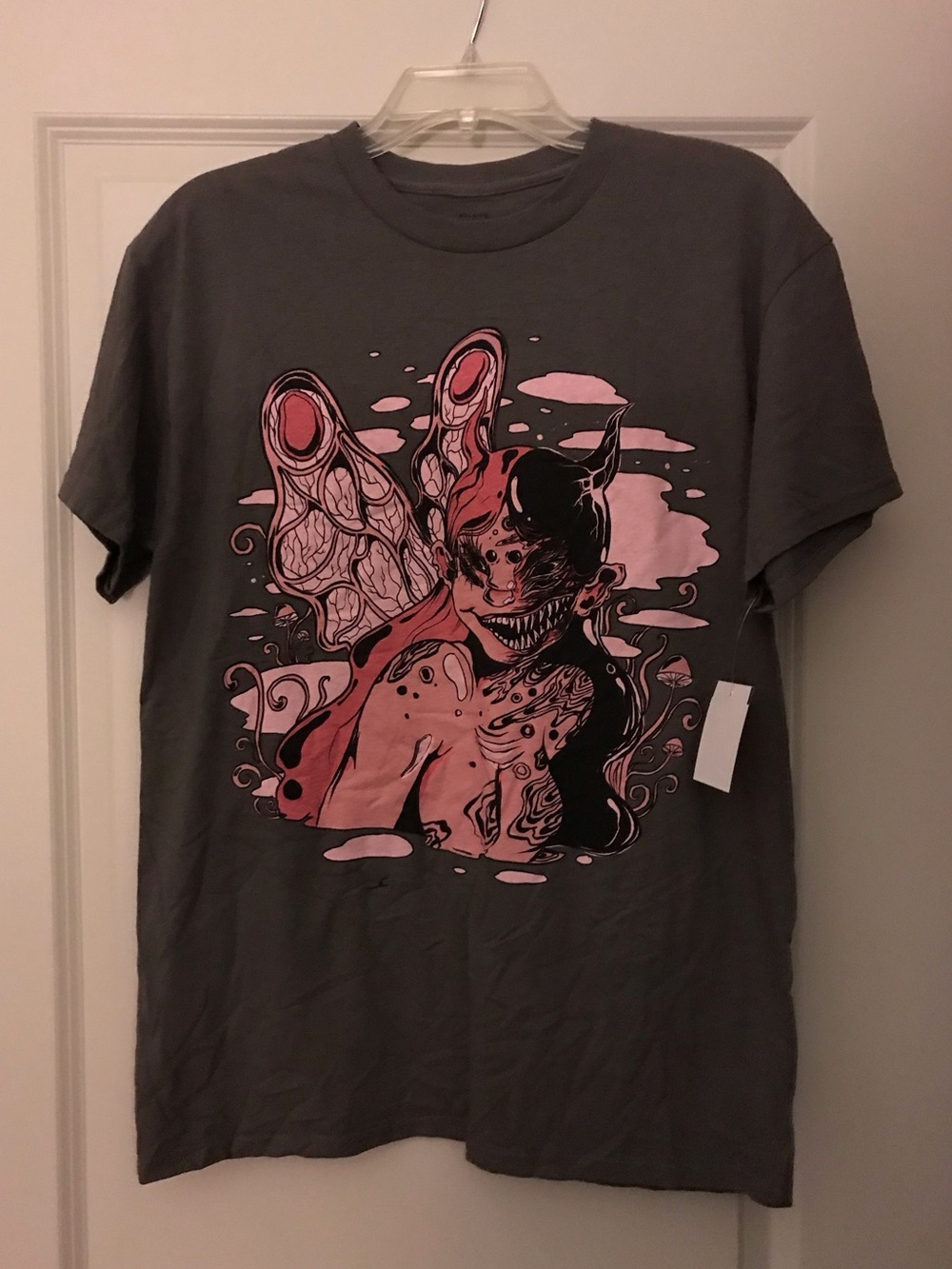 NWT-Gray Short-Sleeve Graphic Tee with Pink Demon Artwork